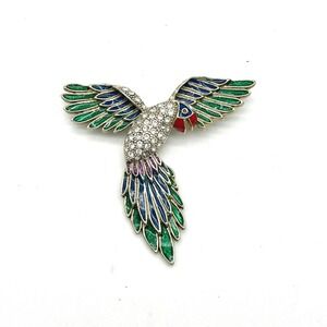 Vintage Parrot Brooch Pave Rhinestone Enamel Bird‎ Pin Colorful Tropical Jewelry